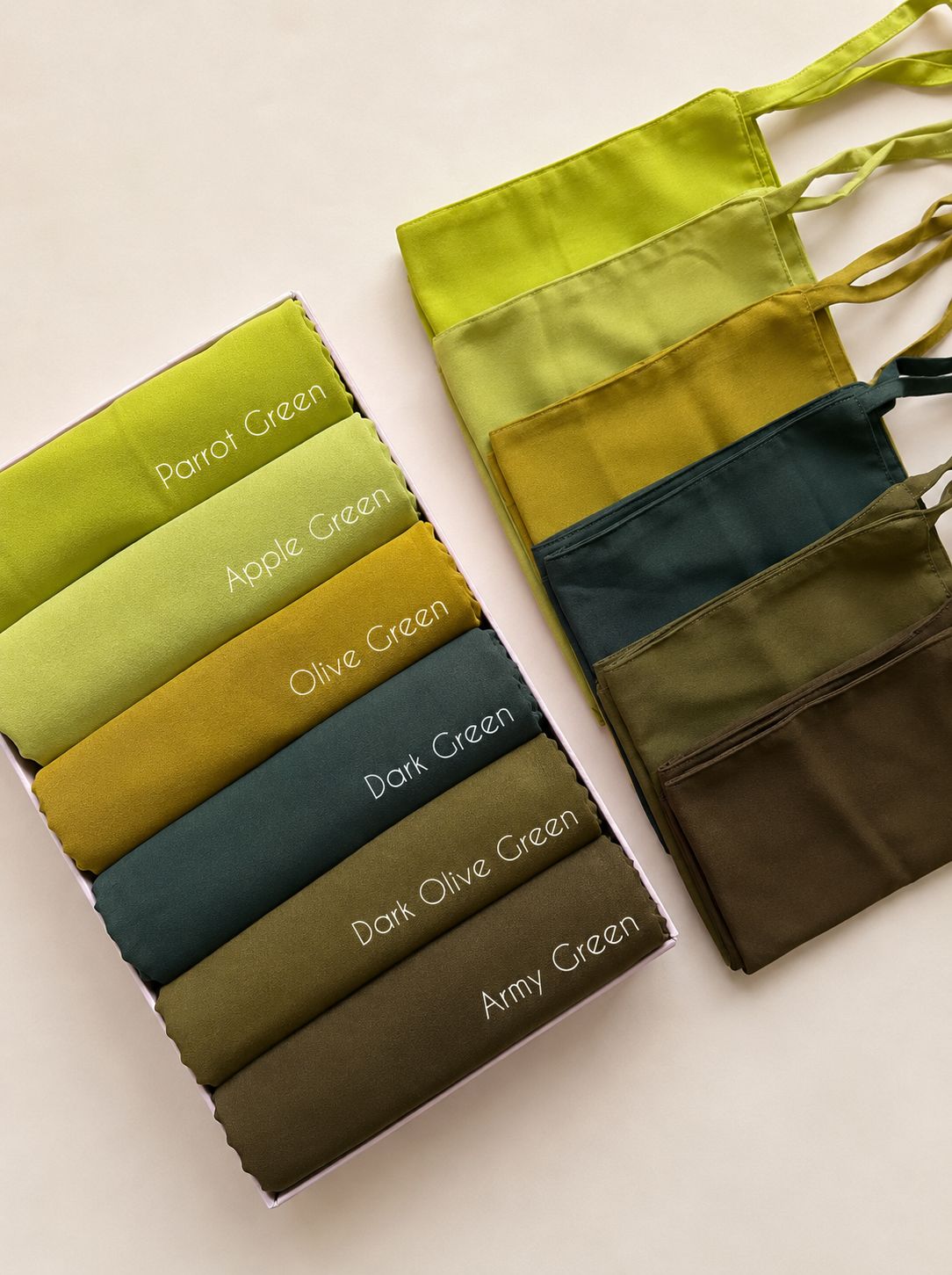 Chiffon georgette hijab niqab sets in Parrot Green, Apple Green, Olive Green, Dark Green, Dark Olive Green and Army Green