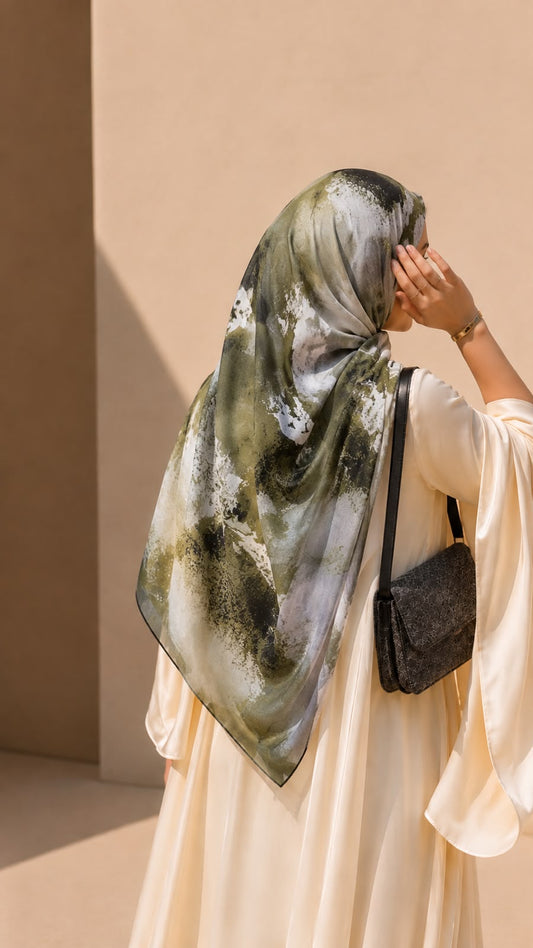 Olive Mist square chiffon georgette hijab with olive green, sage, grey, charcoal and ivory abstract print by Aynn Alif Pakistan