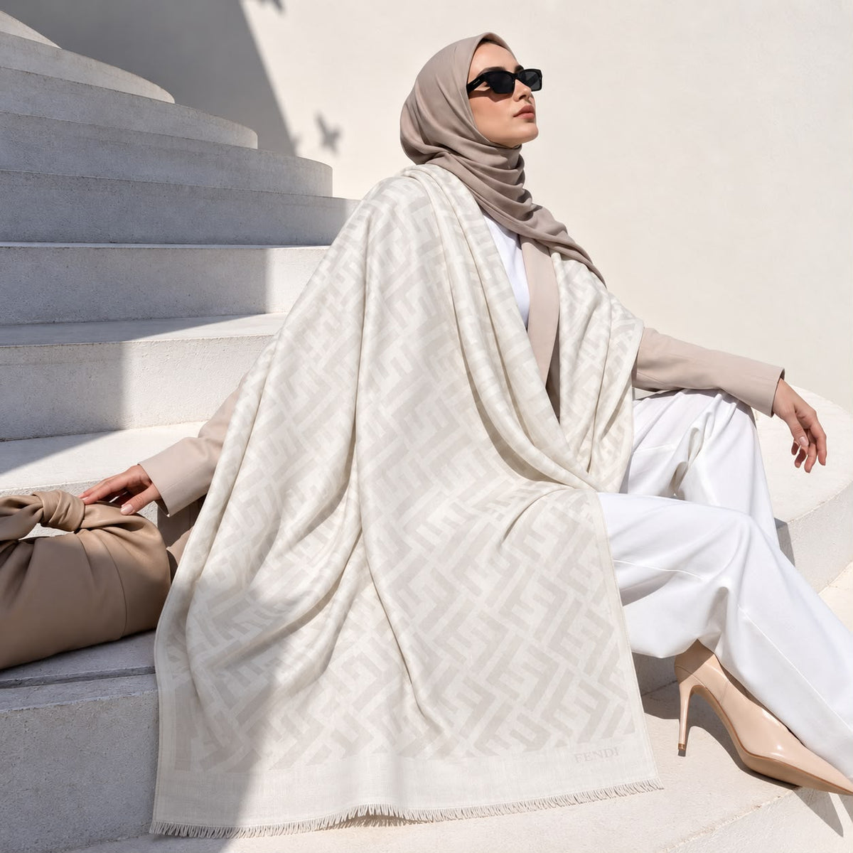 Pearl White pashmina wrap with subtle tonal geometric pattern and fringed edges, styled elegantly over a modest winter outfit.