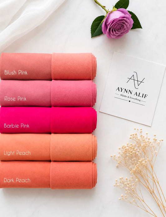 Aynn Alif Blush Pink, Rose Pink, Barbie Pink, Light Peach and Dark Peach chiffon georgette hijabs with matching plain jersey tube bands.