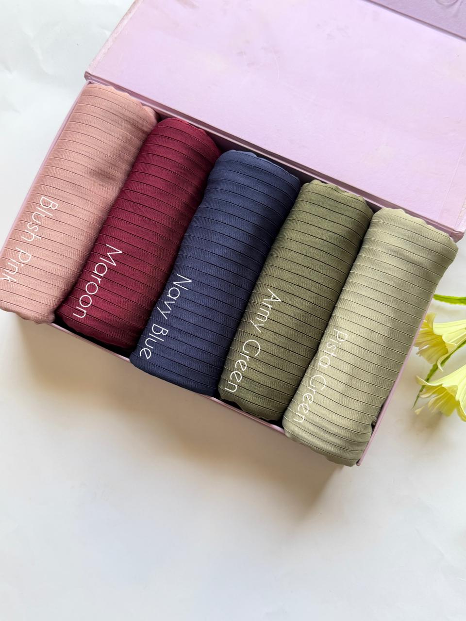 Colourful ribbed jersey hijab set pink maroon navy green soft breathable fabric