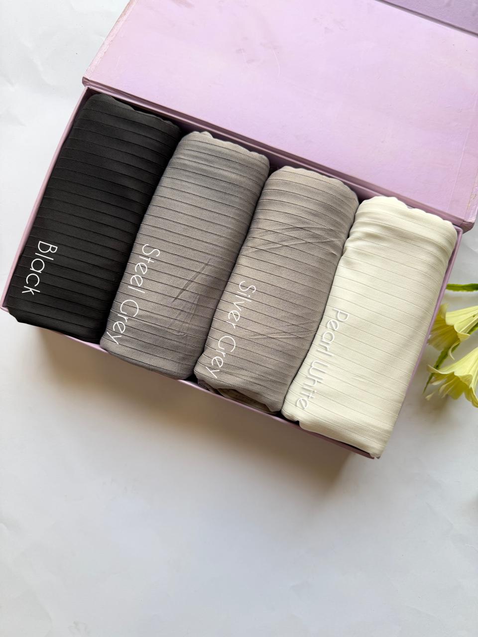 Neutral ribbed jersey hijab set black grey white in box soft stretchable modest wear