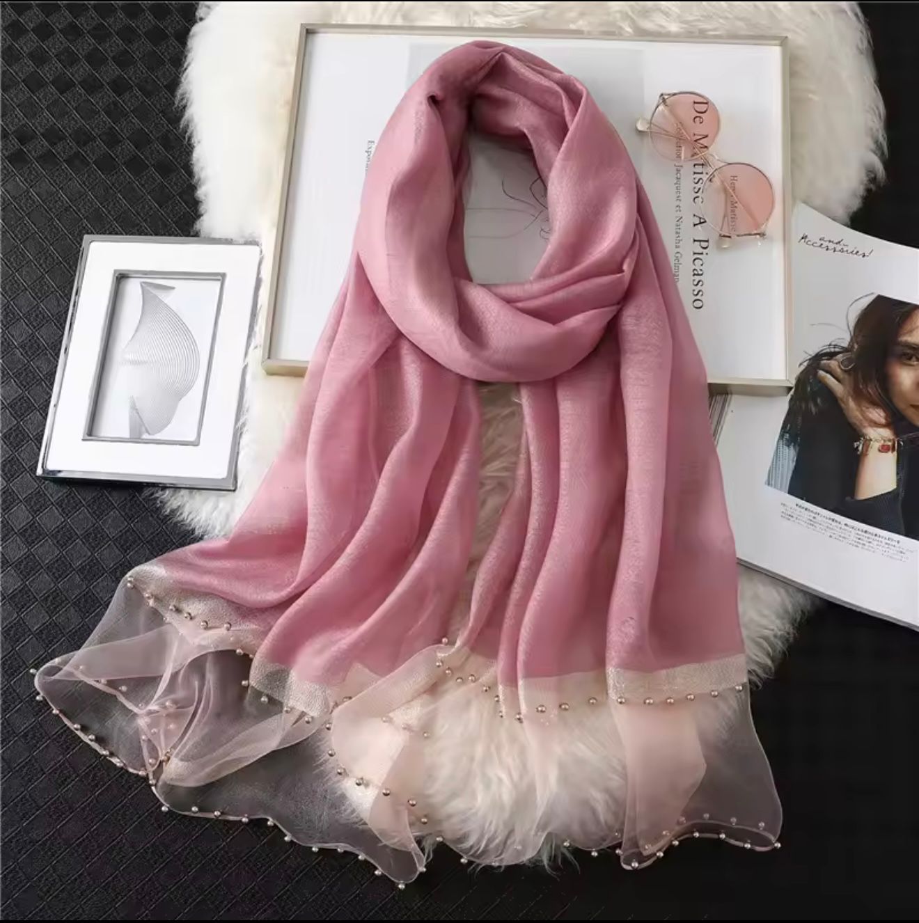 Rose pink khaadi silk hijab with golden pearl organza border detail
