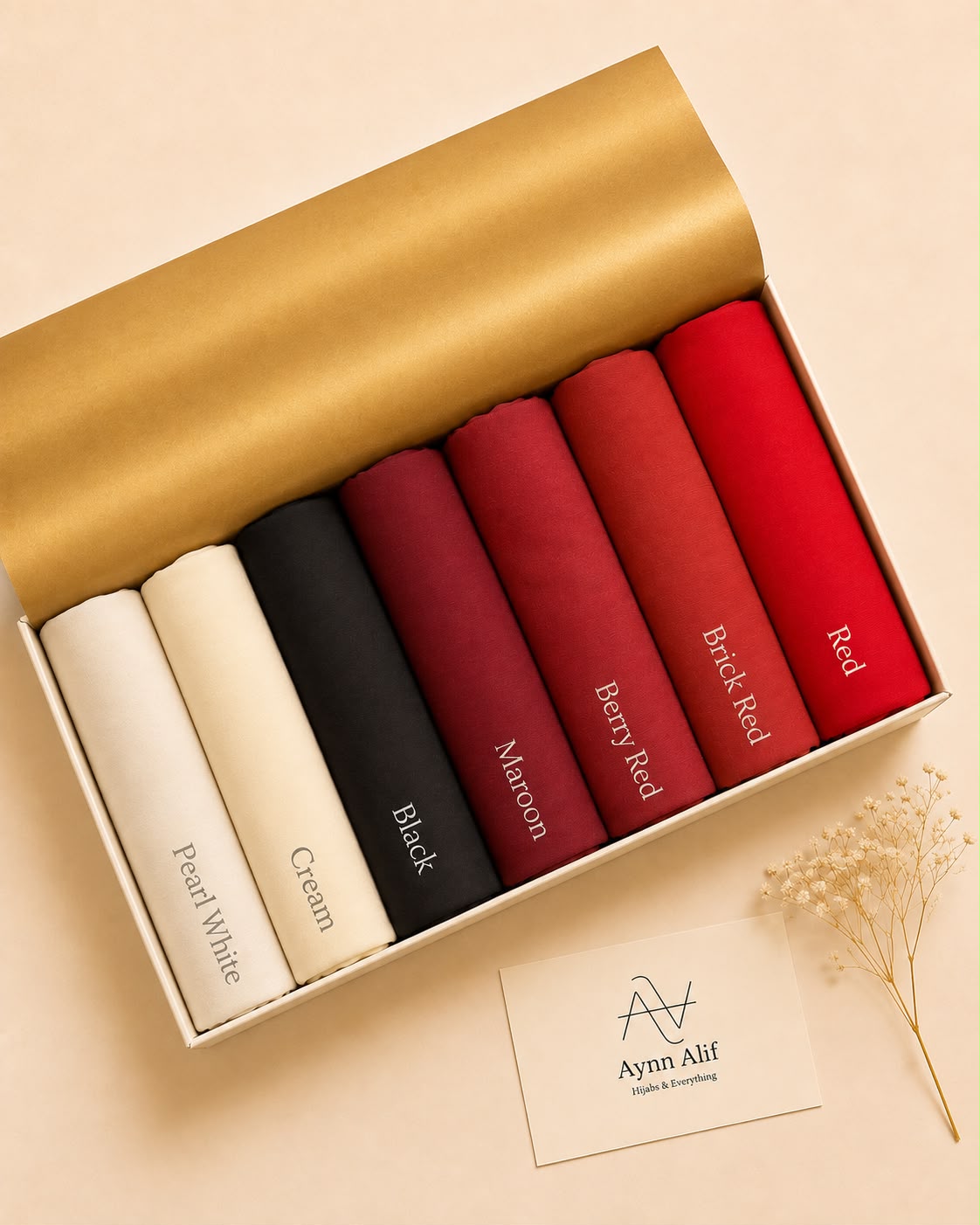 Ruby & Pearl Chiffon Georgette Hijab Collection by Aynn Alif featuring Pearl White, Cream, Black, Maroon, Berry Red, Brick Red and Red flowy summer hijabs