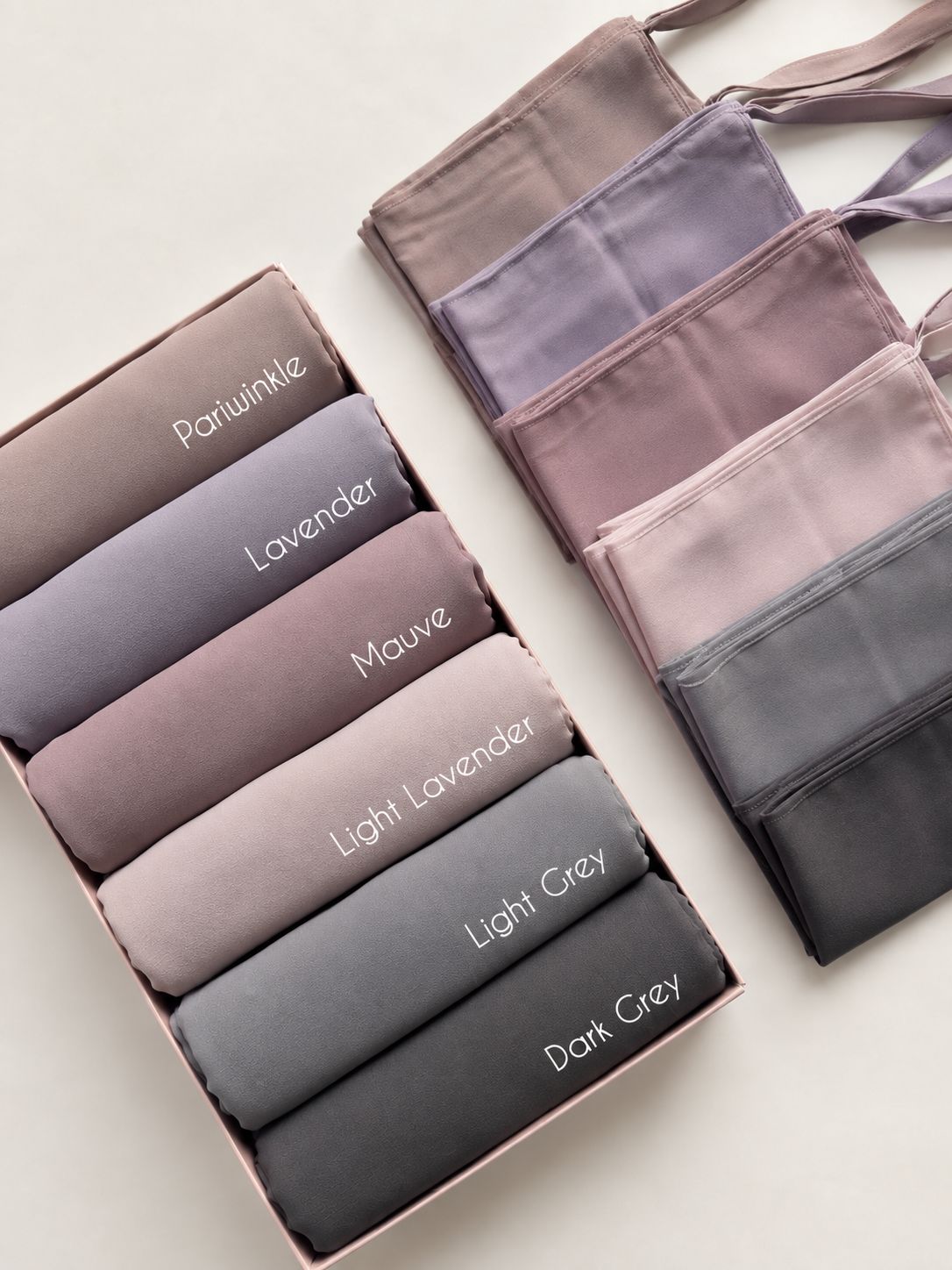 Chiffon georgette hijab and niqab set collection in Periwinkle, Lavender, Mauve, Light Lavender, Light Grey and Dark Grey shades.