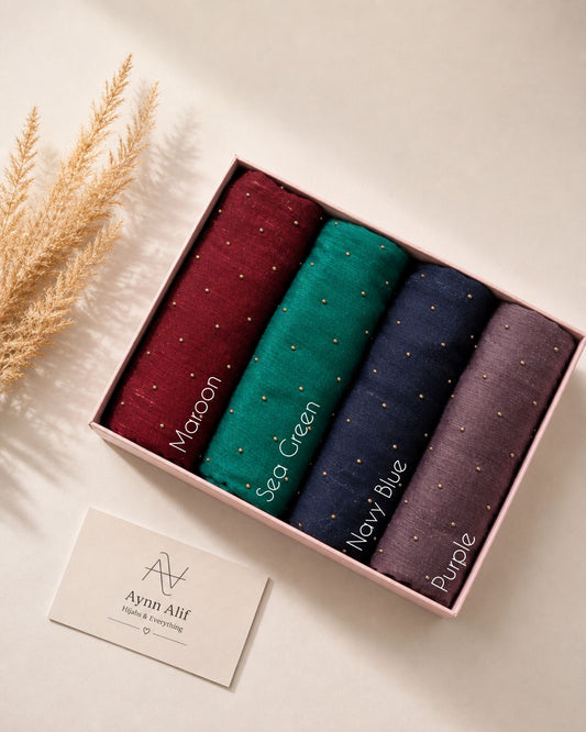 Aynn Alif premium Stone Studded Chiffon Zari Hijab Box Set featuring Maroonish Red, Sea Green, Navy Blue and Purple hijabs in luxury gift box packaging.