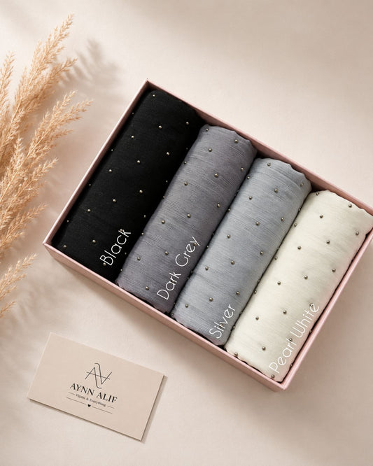 Aynn Alif Stone Studded Chiffon Zari Hijab Box Set featuring Black, Dark Grey, Silver Grey and Pearl White premium hijabs in elegant gift box packaging