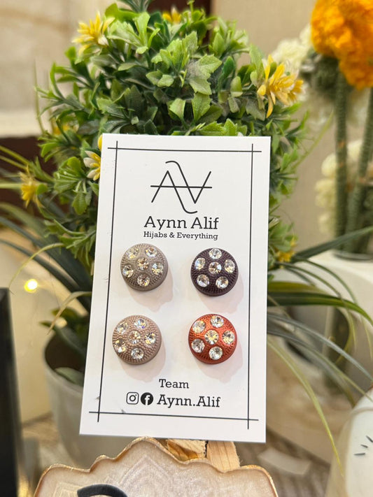 Brown, beige, nude and rust color stone hijab magnets with crystal studs by Aynn Alif