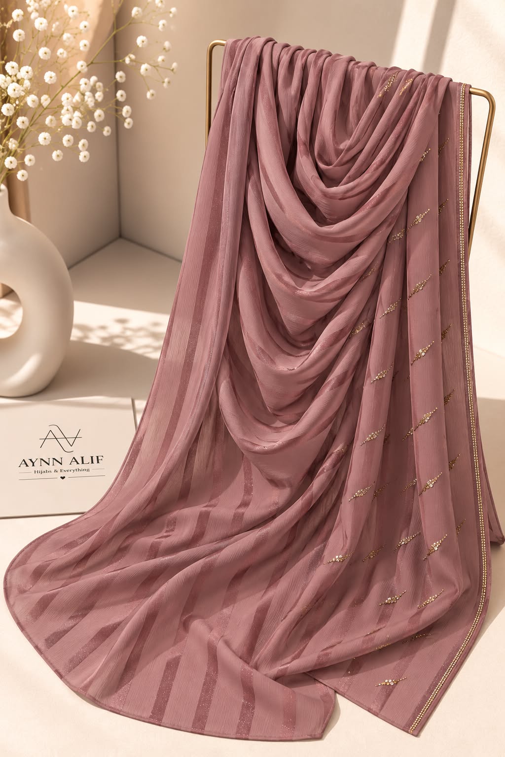 Tea pink crinkle chiffon georgette hijab with satin stripes and delicate stone-studded detailing by Aynn Alif.