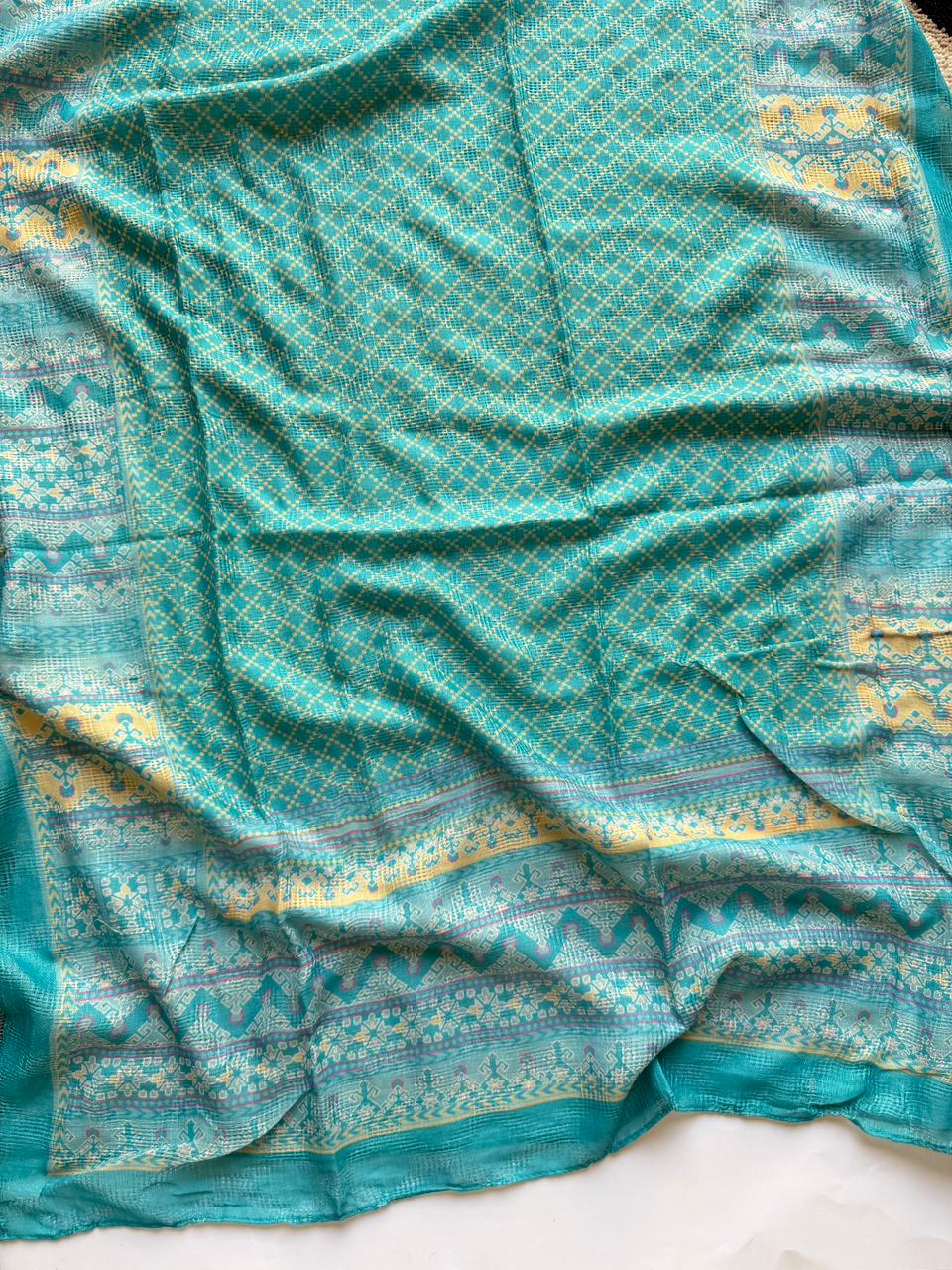 Turquoise printed lawn Tarkashi hijab lightweight breathable fabric