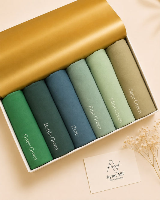Verdant Mist Chiffon Georgette Hijab Collection by Aynn Alif featuring Grass Green, Bottle Green, Zinc, Pine Green, Mint Green and Sage Green hijabs.