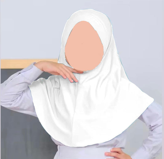 White kids jersey hijab scarf for girls age 5-9 years in Pakistan with soft breathable jersey fabric and modest coverage.