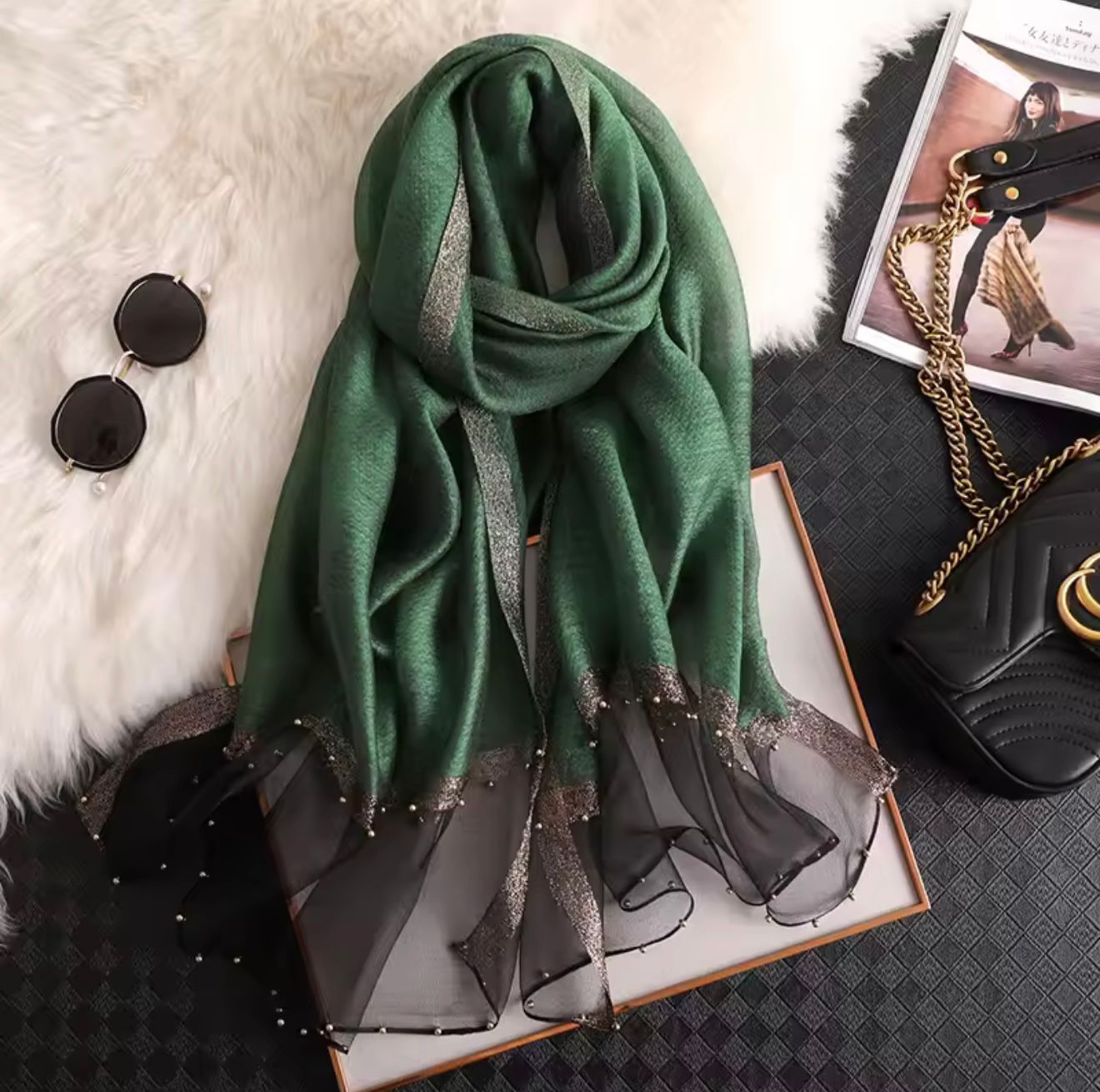 Bottle green khaadi silk hijab with black organza border and golden pearl studs