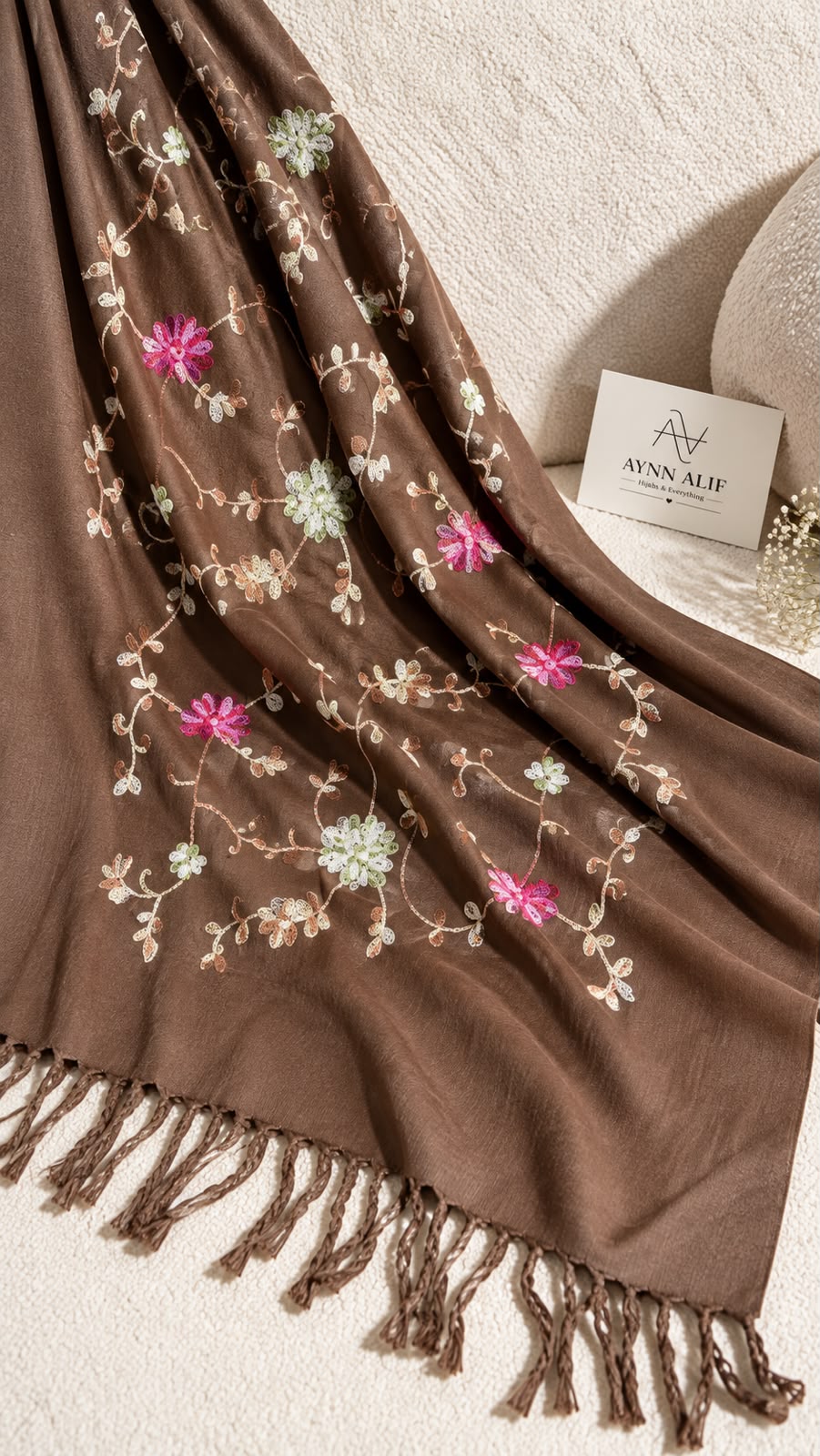 Mocha Brown Cashmere Embroidered Hijab with Sequins