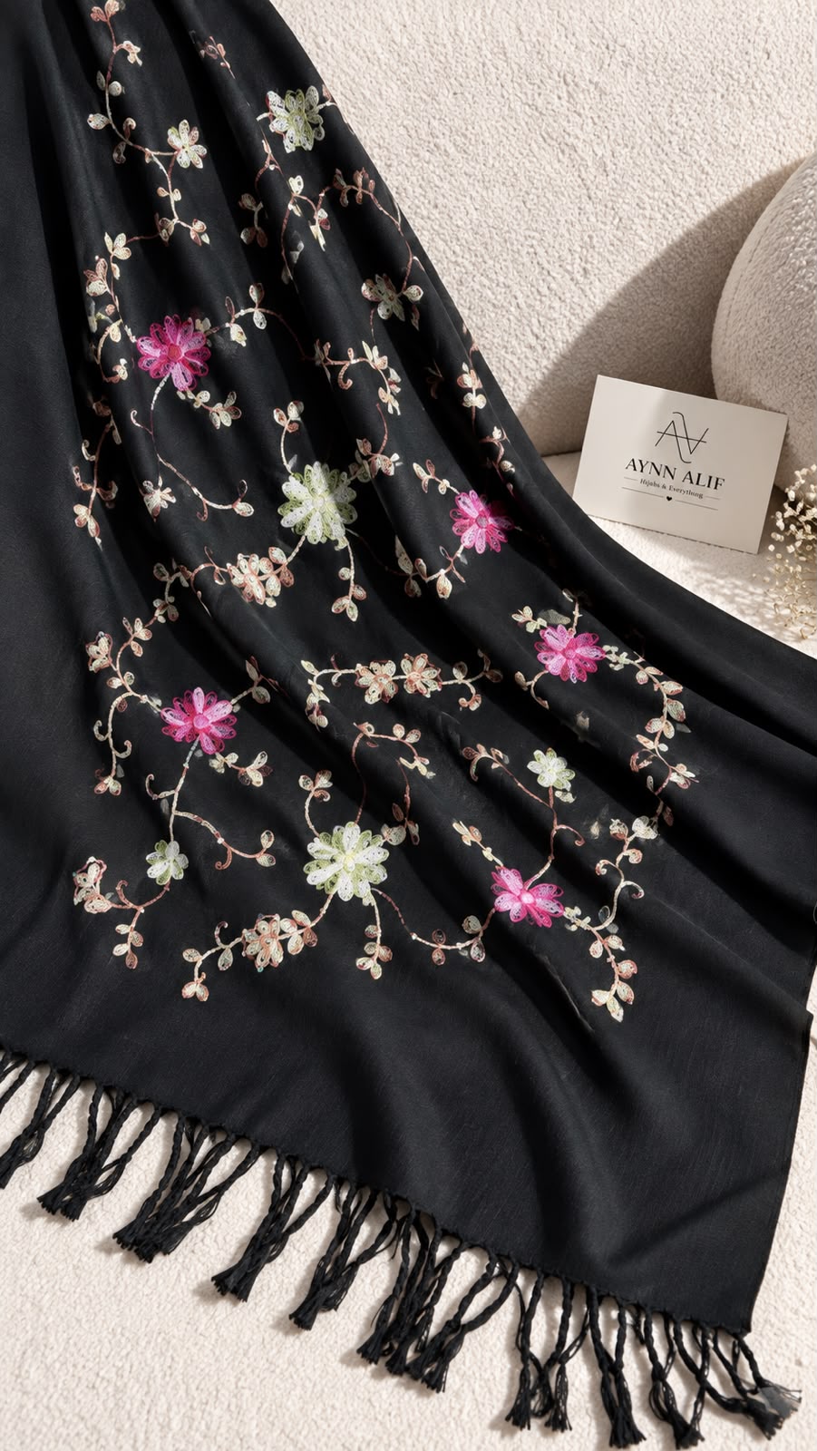 Jet Black Cashmere Embroidered Hijab with Sequins