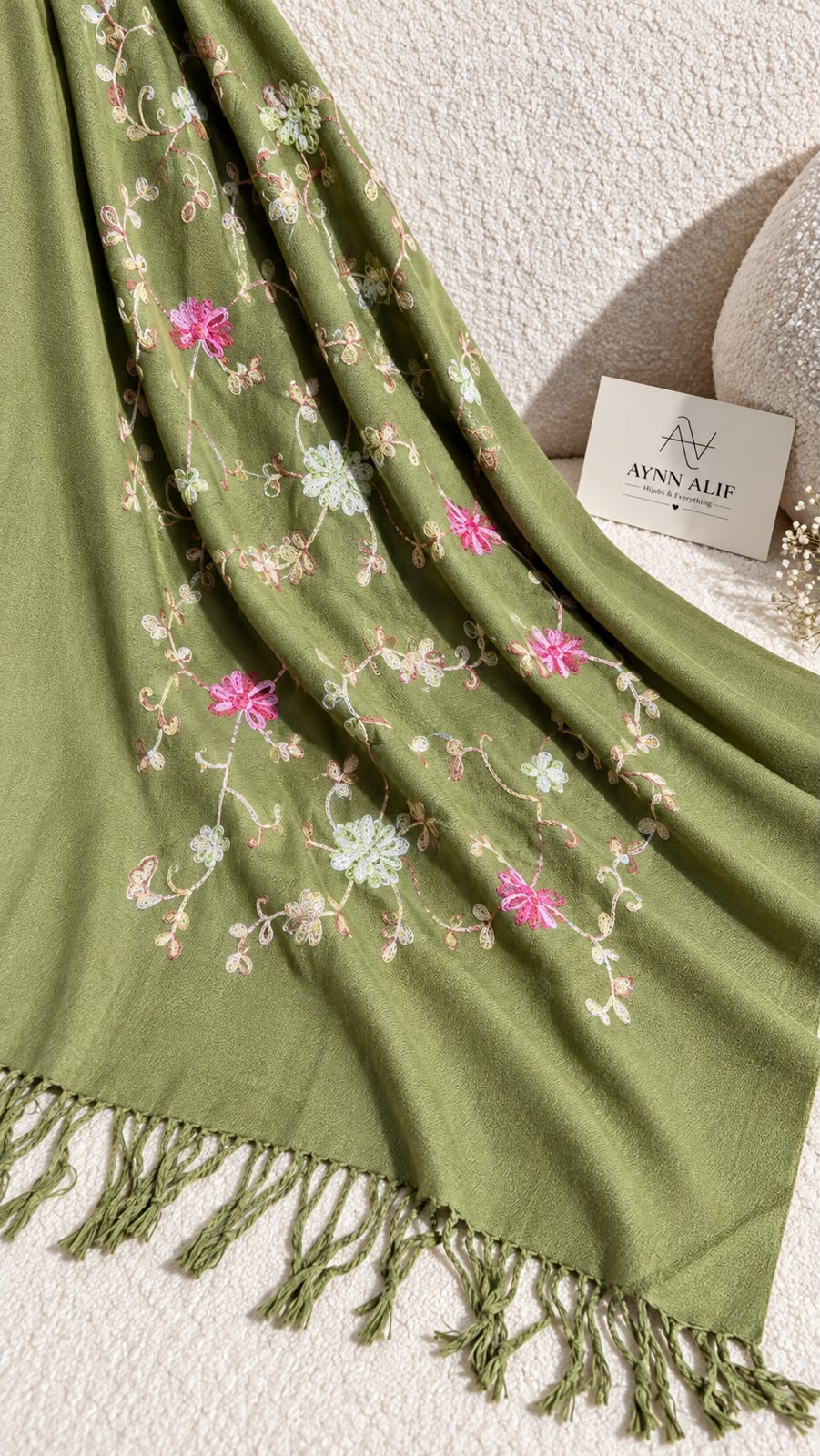 Olive Green Cashmere Embroidered Hijab with Sequins