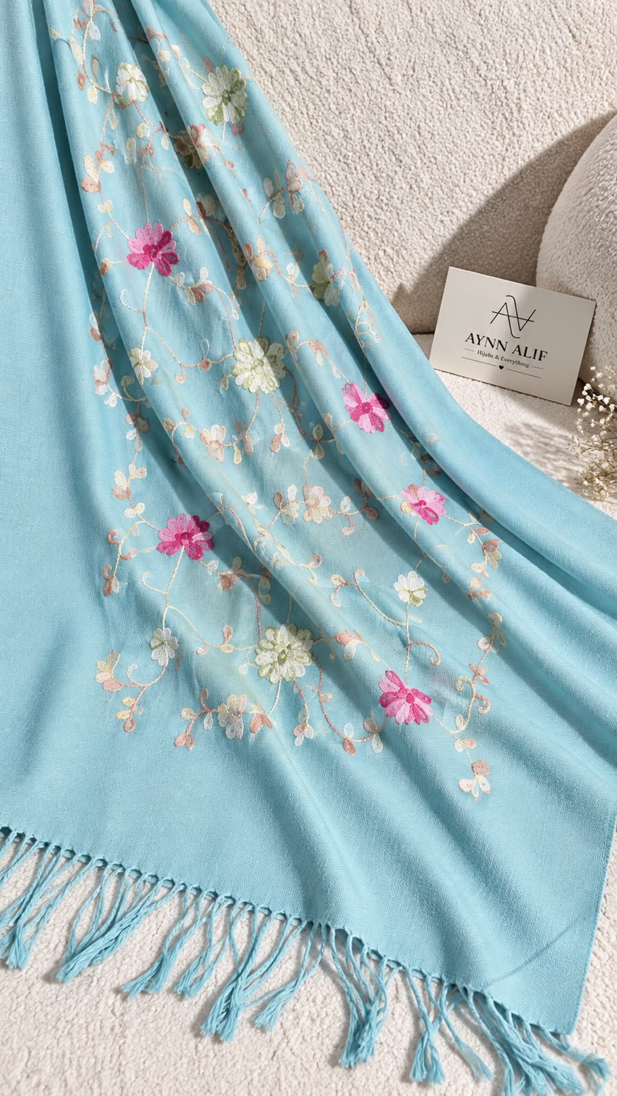Ice Blue Cashmere Embroidered Hijab with Sequins