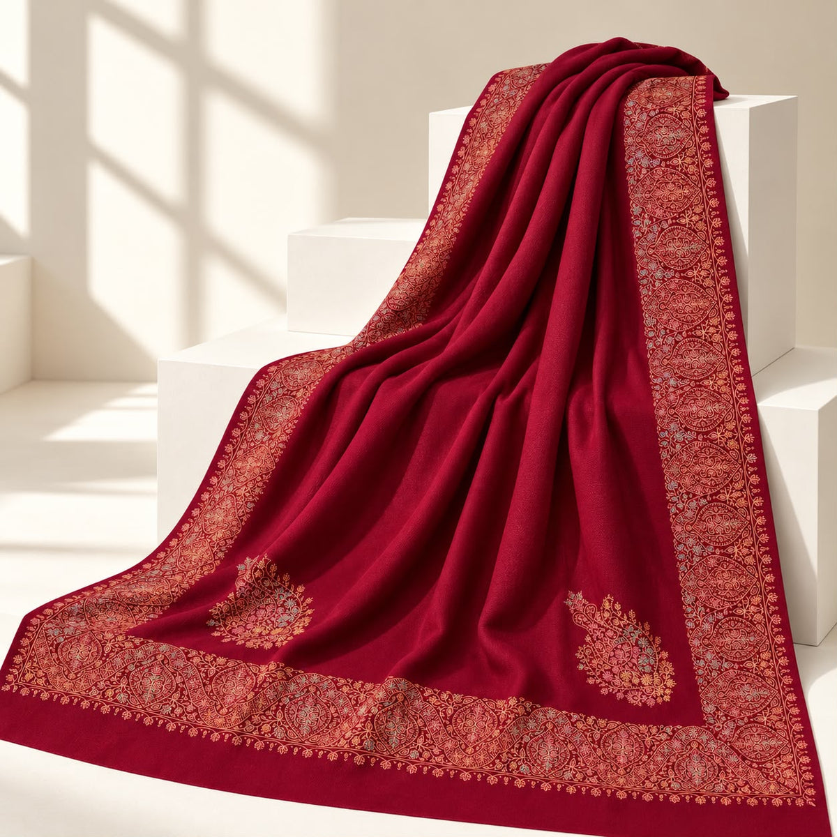 Berry Red Block Printed Pashmina Shawl with Hand Embroidery