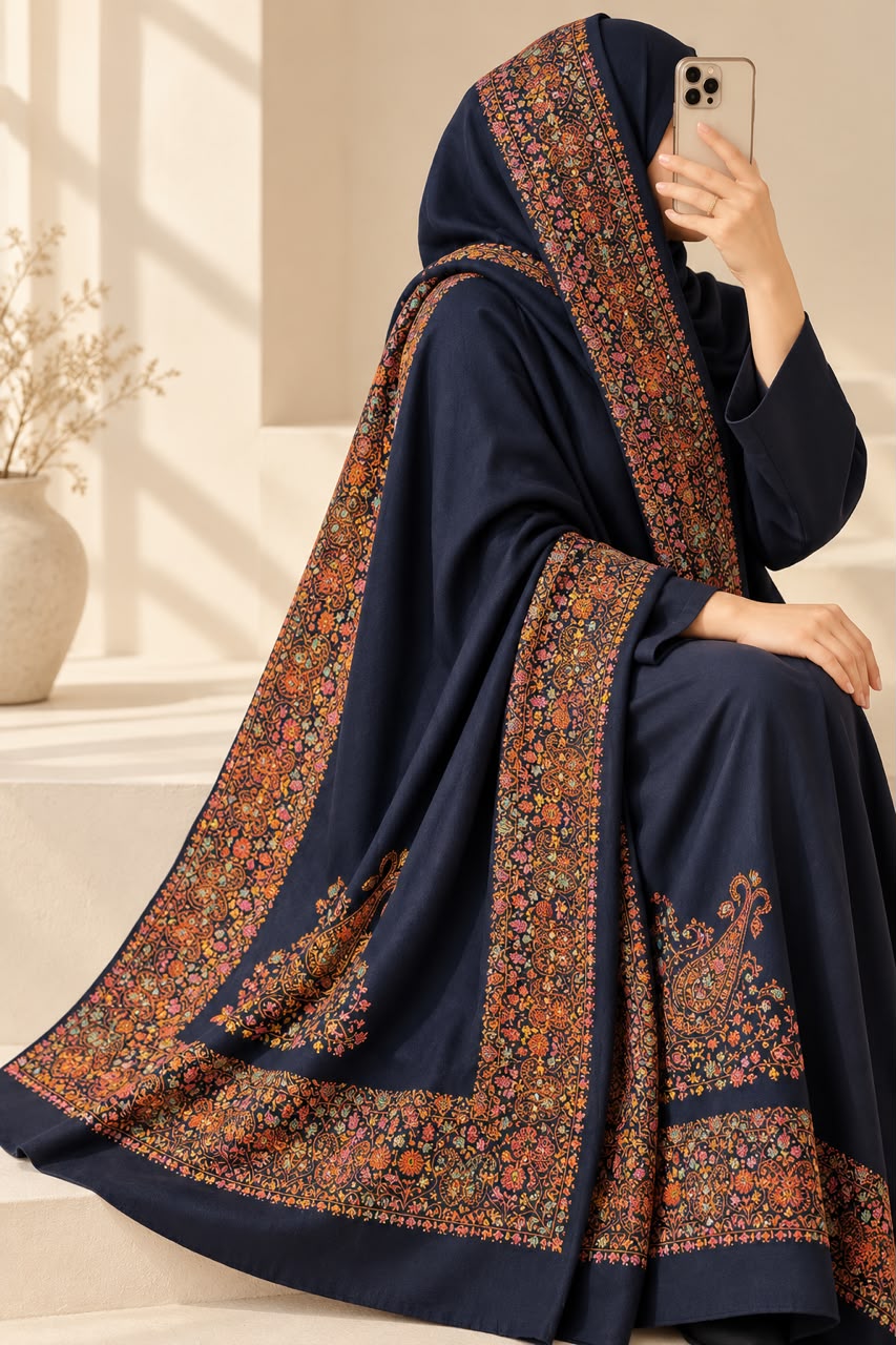 Block Printed Pashmina Shawl with Hand Embroidery