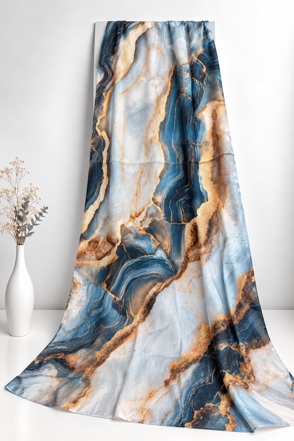 Azure Marble Printed Sheen Silk Hijab – Blue & Gold