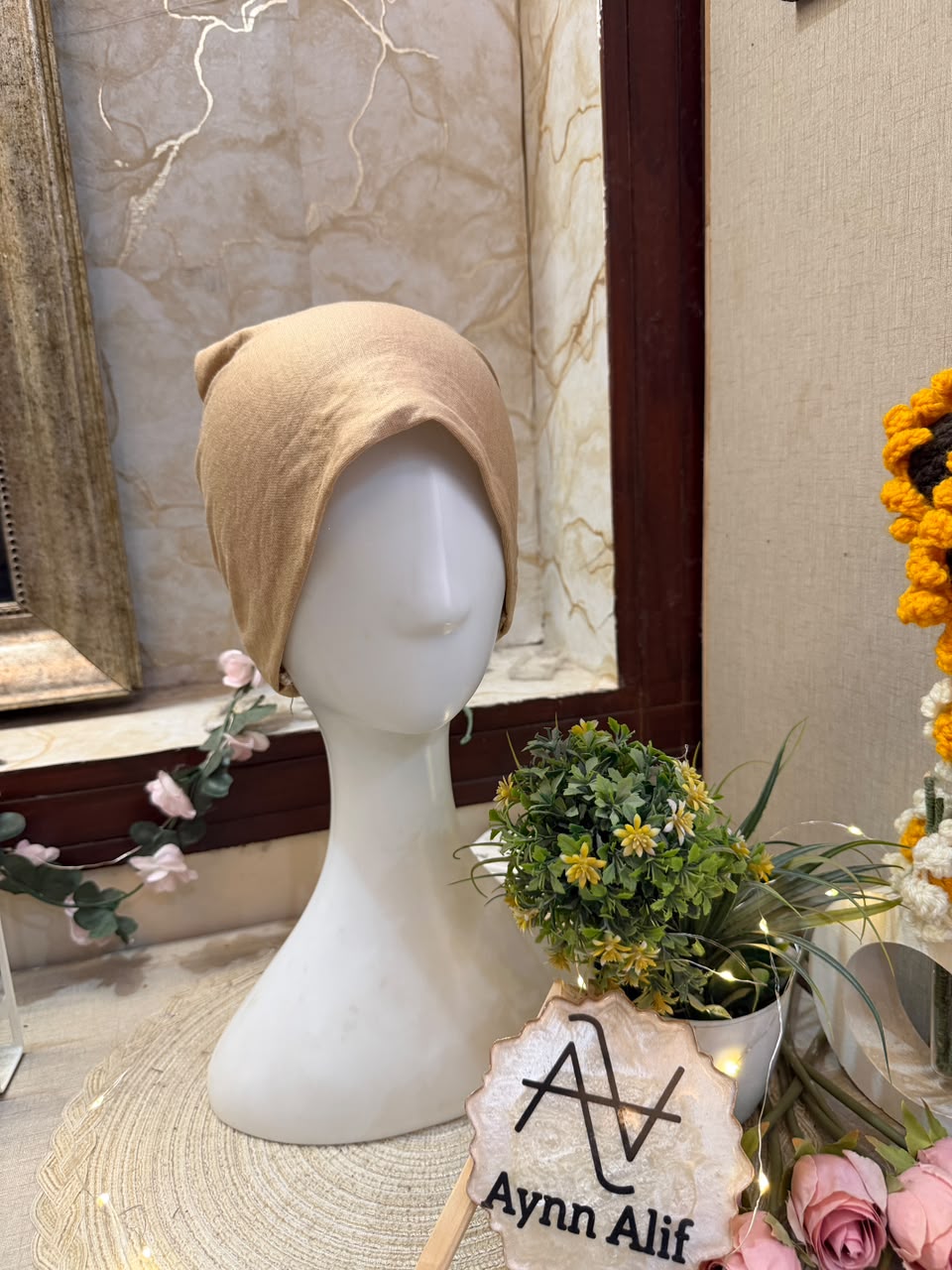 Light Brown Ruched Tie Back Hijab Cap – Soft Jersey Undercap
