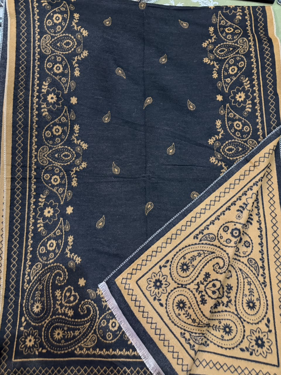 Charcoal Black & Camel Paisley Reversible Woolen Wrap
