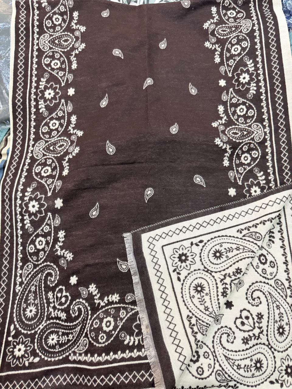 Mocha Brown & Ivory Paisley Reversible Woolen Wrap