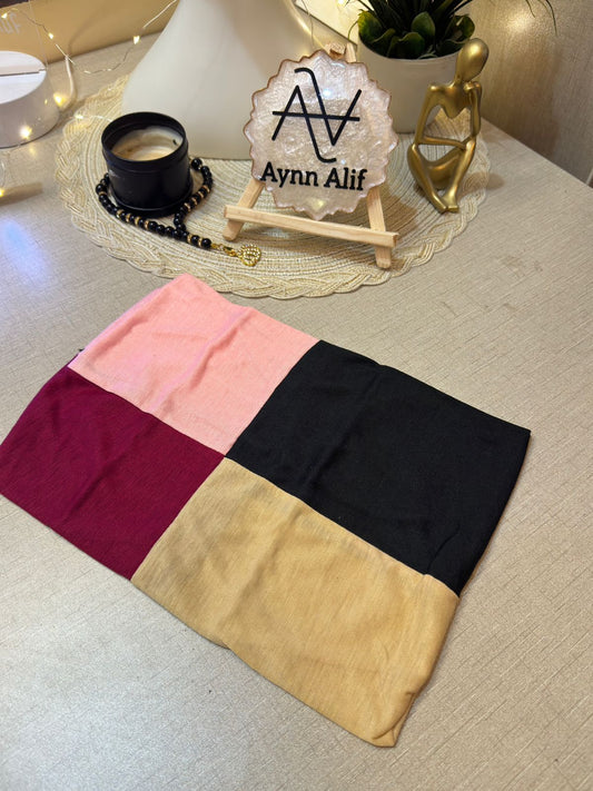 4 in 1 jersey tube band in Maroon, Baby Pink, Black and Skin by Aynn Alif Pakistan – soft stretchable hijab undercap for secure and polished scarf styling.