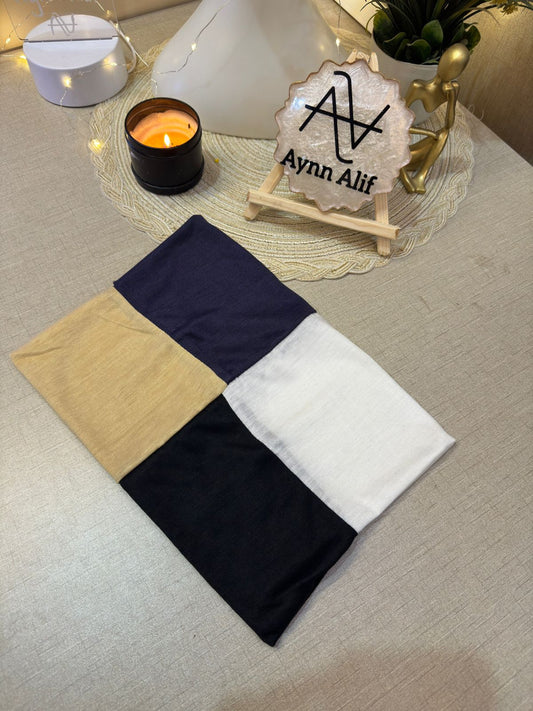 4 in 1 jersey tube band in Skin, Navy Blue, White and Black by Aynn Alif Pakistan – soft stretchable hijab undercap for secure and comfortable scarf styling.