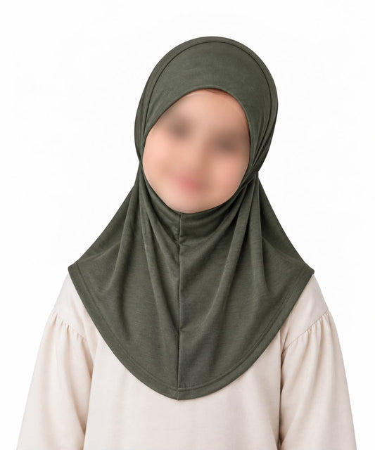 Army green kids jersey hijab scarf for girls age 5-9 years in Pakistan with breathable soft fabric and modest coverage.