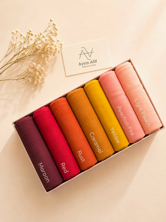 Autumn Blush Turkish Lawn large size hijab collection in maroon, red, rust, caramel, yellow, peachish pink and light peach by Aynn Alif.