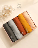 Autumn Glow Turkish lawn hijabs in standard size featuring dark grey, light grey, rust, yellow and light peach shades in breathable lightweight fabric.