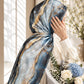 Aynn Alif Azure Marble printed sheen silk hijab in icy blue, navy and gold abstract marble print