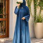 Azure blue ombre front open abaya in Silk Korean Nidah with straight sleeves and matching scarf, featuring a deep navy-to-soft blue gradient.