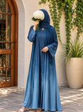Azure blue ombre front open abaya in Silk Korean Nidah with straight sleeves and matching scarf, featuring a deep navy-to-soft blue gradient.