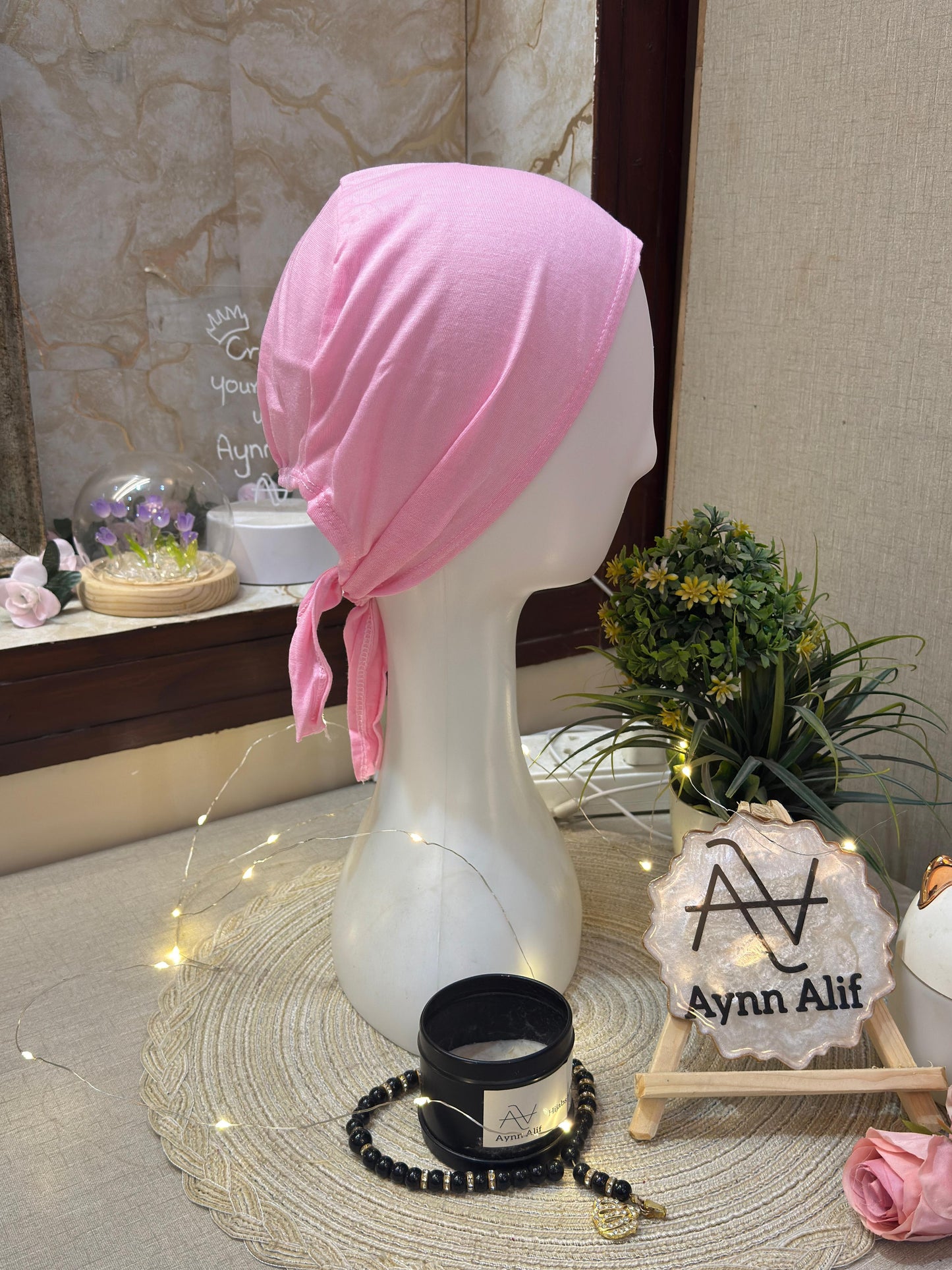 Baby pink plain hijab cap side view mannequin