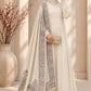  beige pashmina shawl featuring a multicoloured four-sided block-printed border with delicate hand embroidery, styled over a matching ivory outfit by AYNN ALIF.