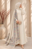 beige pashmina shawl featuring a multicoloured four-sided block-printed border with delicate hand embroidery, styled over a matching ivory outfit by AYNN ALIF.