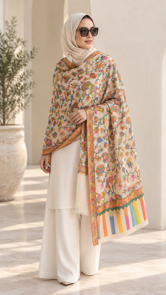 Beige pashmina shawl with multicolour floral and botanical prints, coral borders and colourful geometric detailing styled over a cream outfit by Aynn Alif