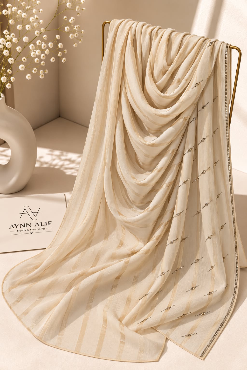 
Beige crinkle chiffon georgette hijab with satin stripes and delicate stone-studded detailing by Aynn Alif