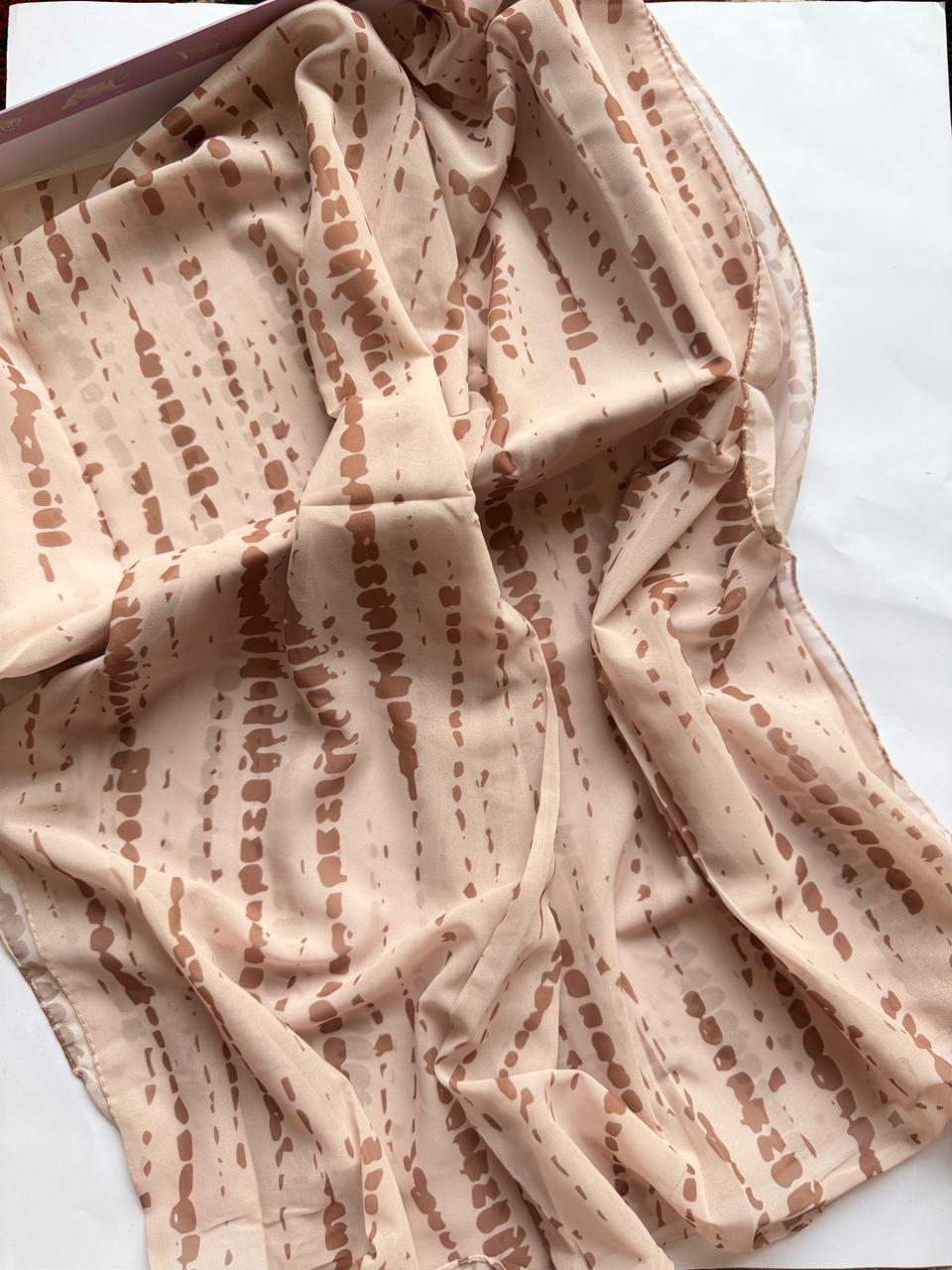 Beige chiffon georgette hijab with brown tie dye pattern soft neutral tones