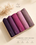 Berry Bloom Turkish lawn hijabs in standard size featuring dark purple, purple, magenta, lilac and mauve shades in breathable lightweight fabric.