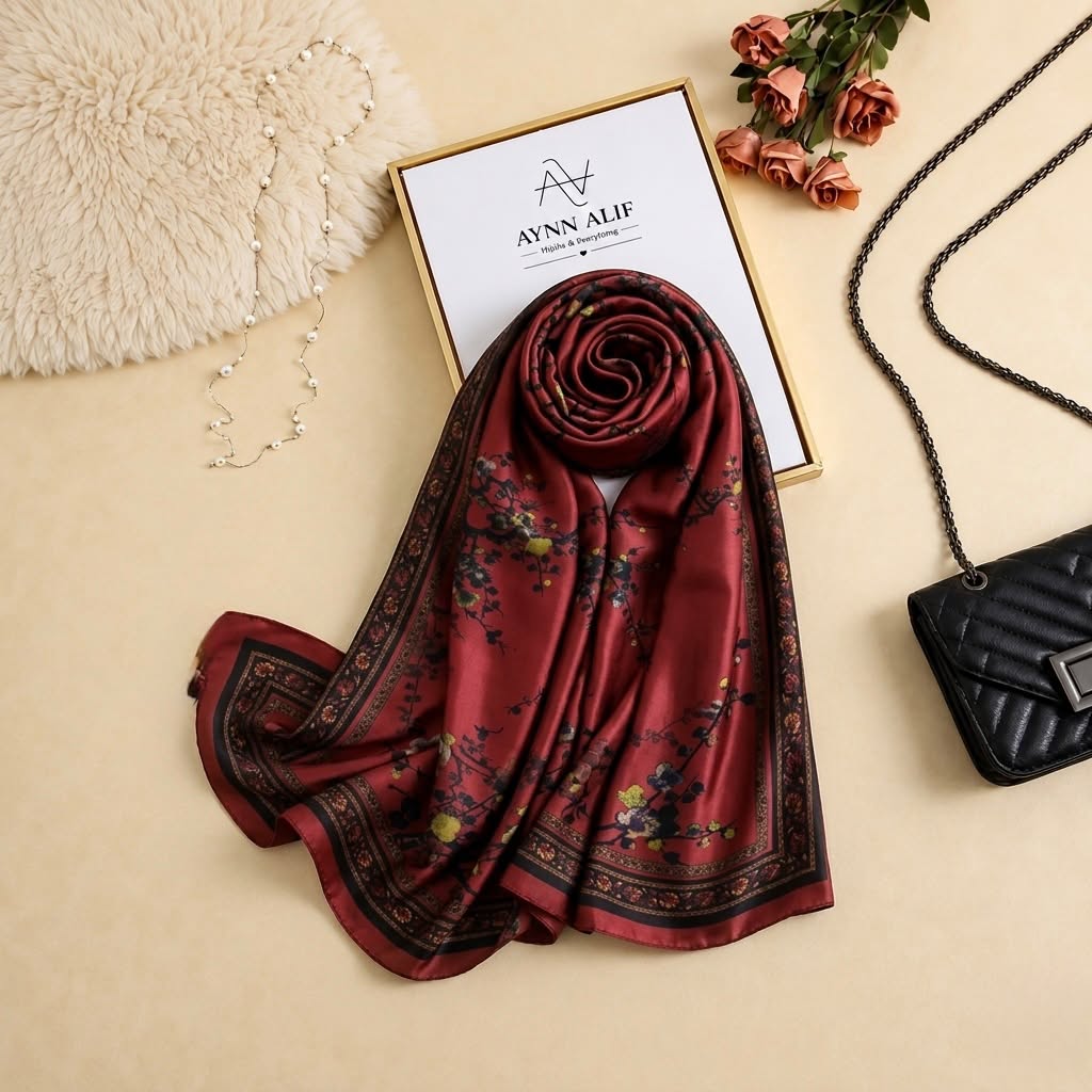 
Rich burgundy printed silk scarf with delicate floral motifs and an elegant patterned border by Aynn Alif