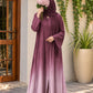 Berry blush ombre front open abaya in Silk Korean Nidah with straight sleeves and matching scarf, featuring a soft pink-to-plum colour gradient.