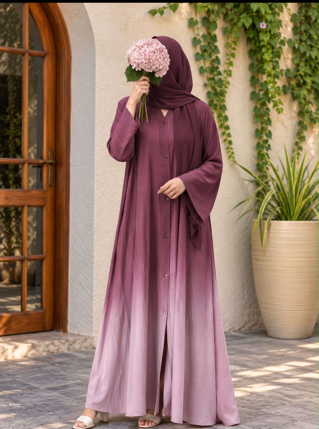 Berry blush ombre front open abaya in Silk Korean Nidah with straight sleeves and matching scarf, featuring a soft pink-to-plum colour gradient.