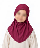 Maroonish red kids jersey hijab scarf for girls age 5-9 years in Pakistan with breathable jersey fabric and comfortable modest coverage.