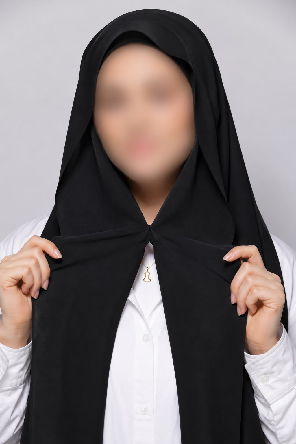 Black instant chiffon georgette hijab with attached tube band and built-in magnet for easy styling.