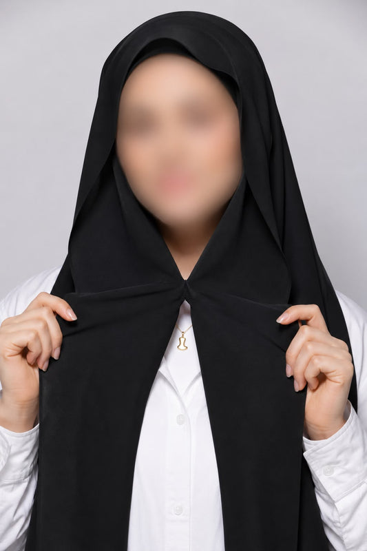 Black instant chiffon georgette hijab with attached tube band and built-in magnet for easy styling.