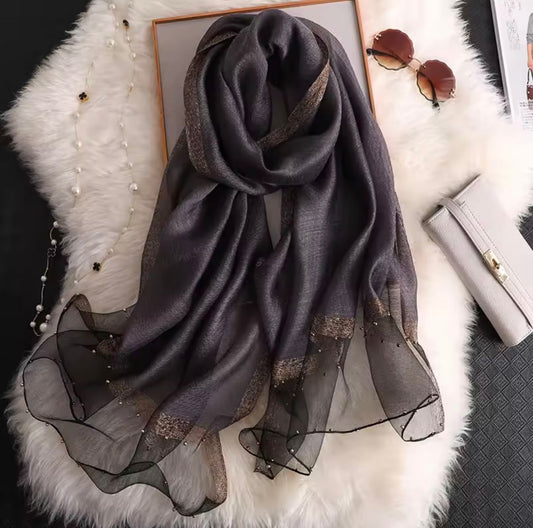 Black khaadi silk hijab with golden pearl organza border detail