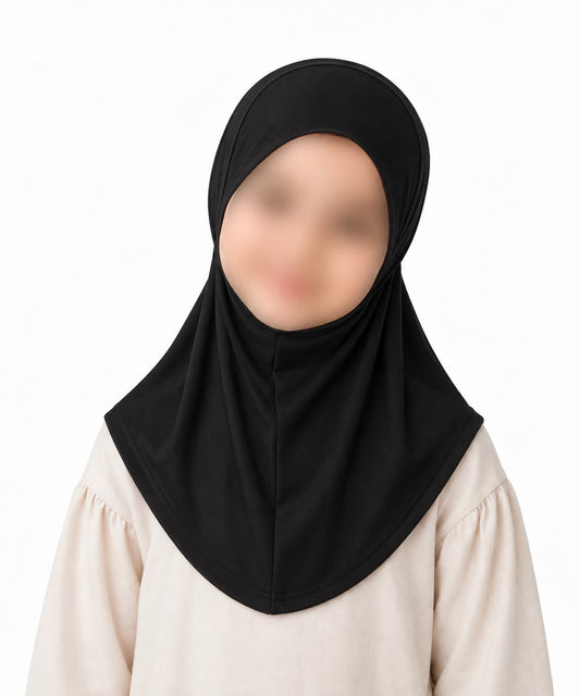 Black kids jersey scarf hijab for girls age 5-9 years with breathable soft fabric and modest half-body coverage.